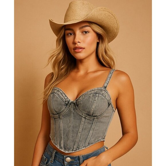 PrettyLittleThing Washed Grey Dip Hem Denim Corset Top Size 6 Bustier Bust Cup - Picture 1 of 9